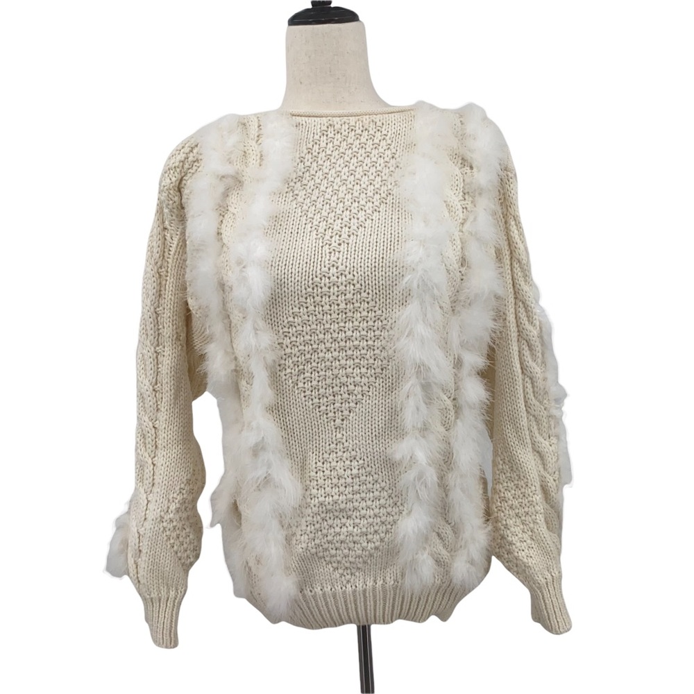 Loop Di Loop Boho Cream Thick Knit Feathered Swea… - image 1